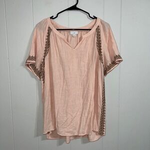 J. Jill Top Women's Large Peach V Neck Embroidered Short Sleeve Linen Blend Boho